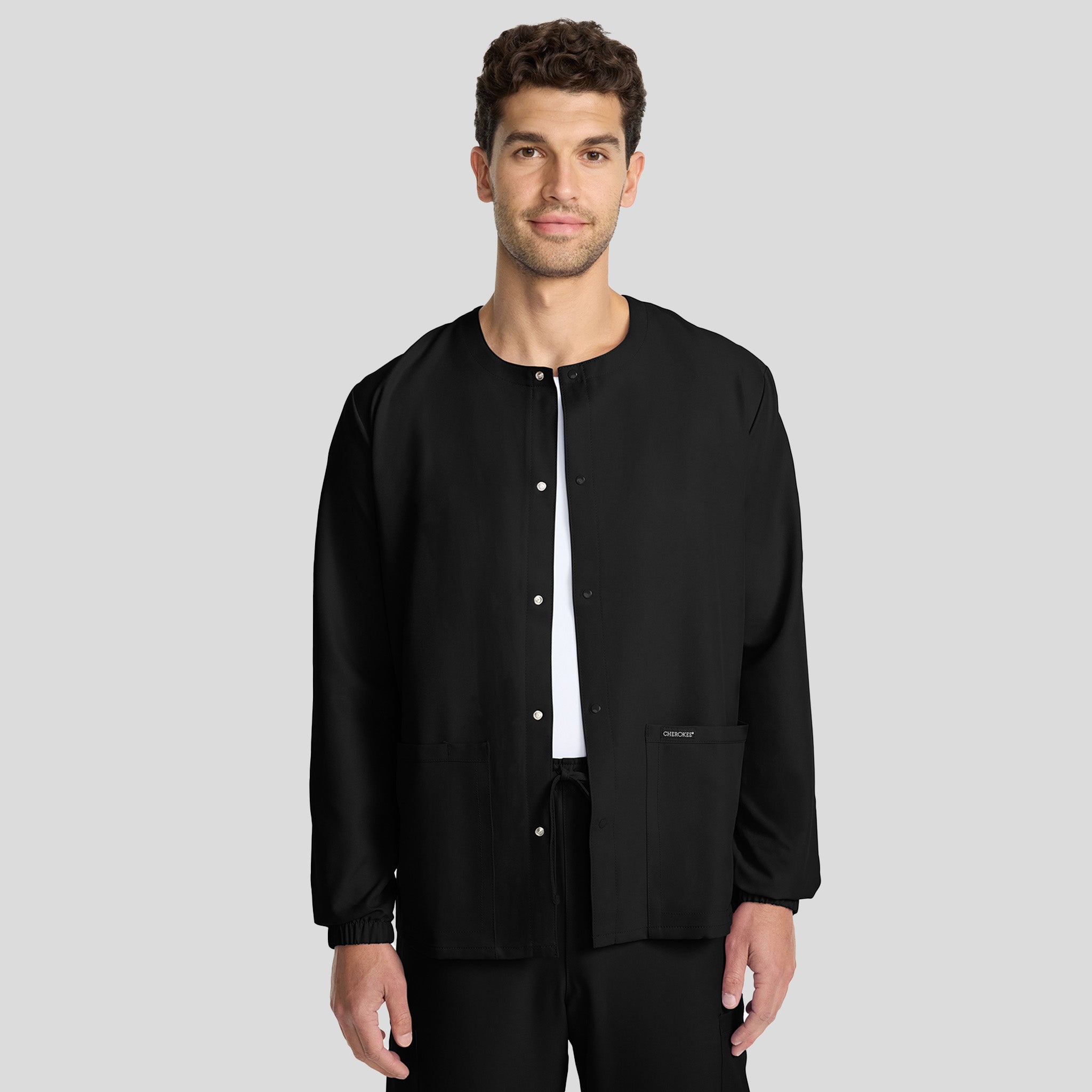 Unisex Snap-Front Crew Neck Scrub Jacket | Black