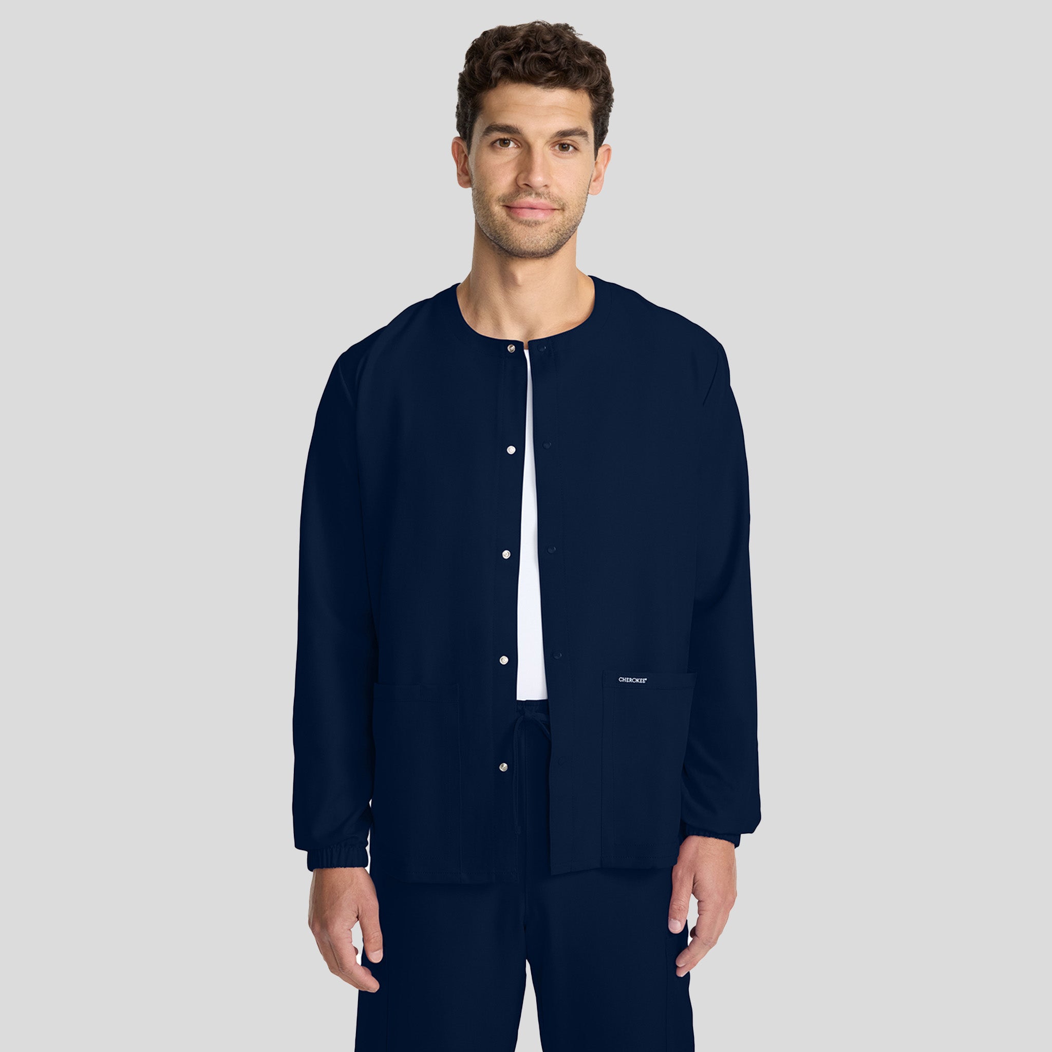 Unisex Snap-Front Crew Neck Scrub Jacket | Navy
