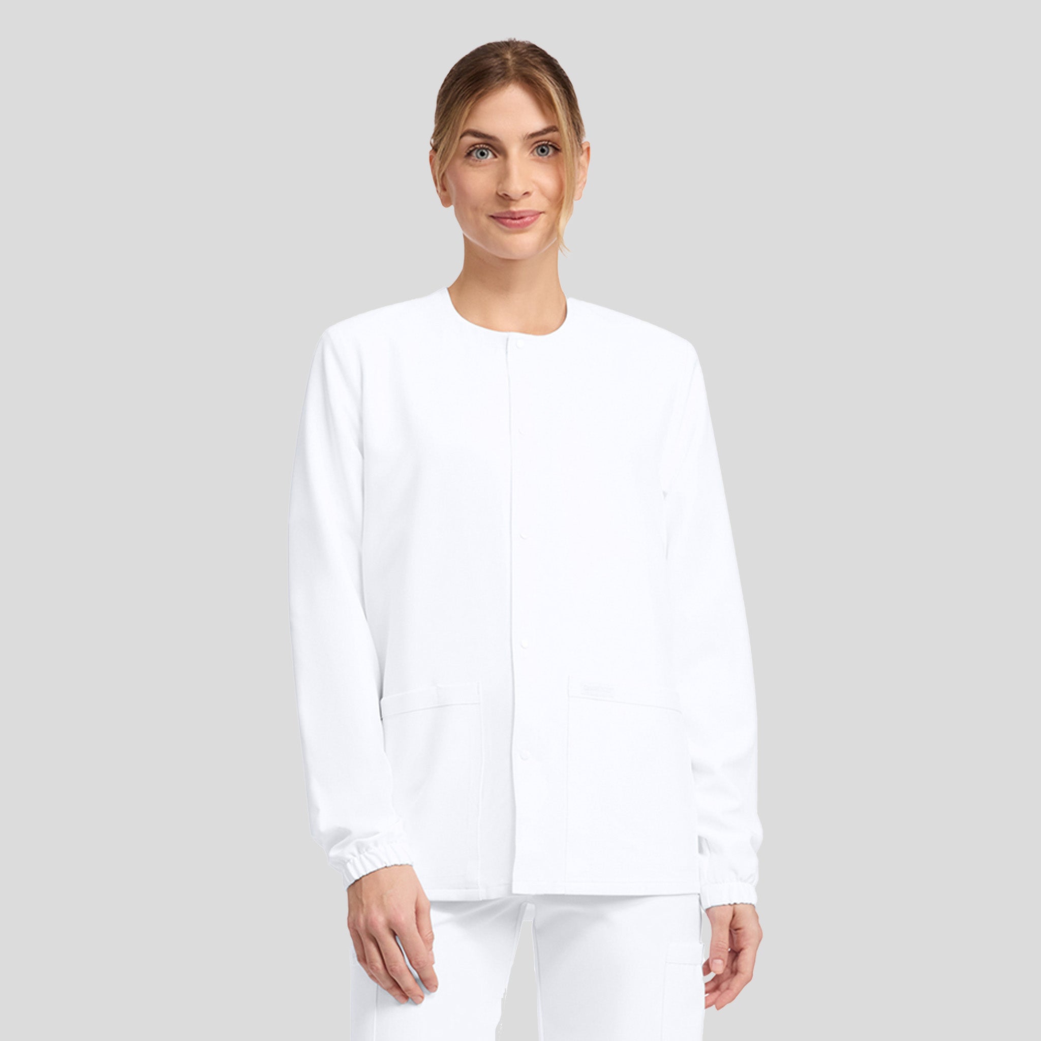 Unisex Snap-Front Crew Neck Scrub Jacket | White