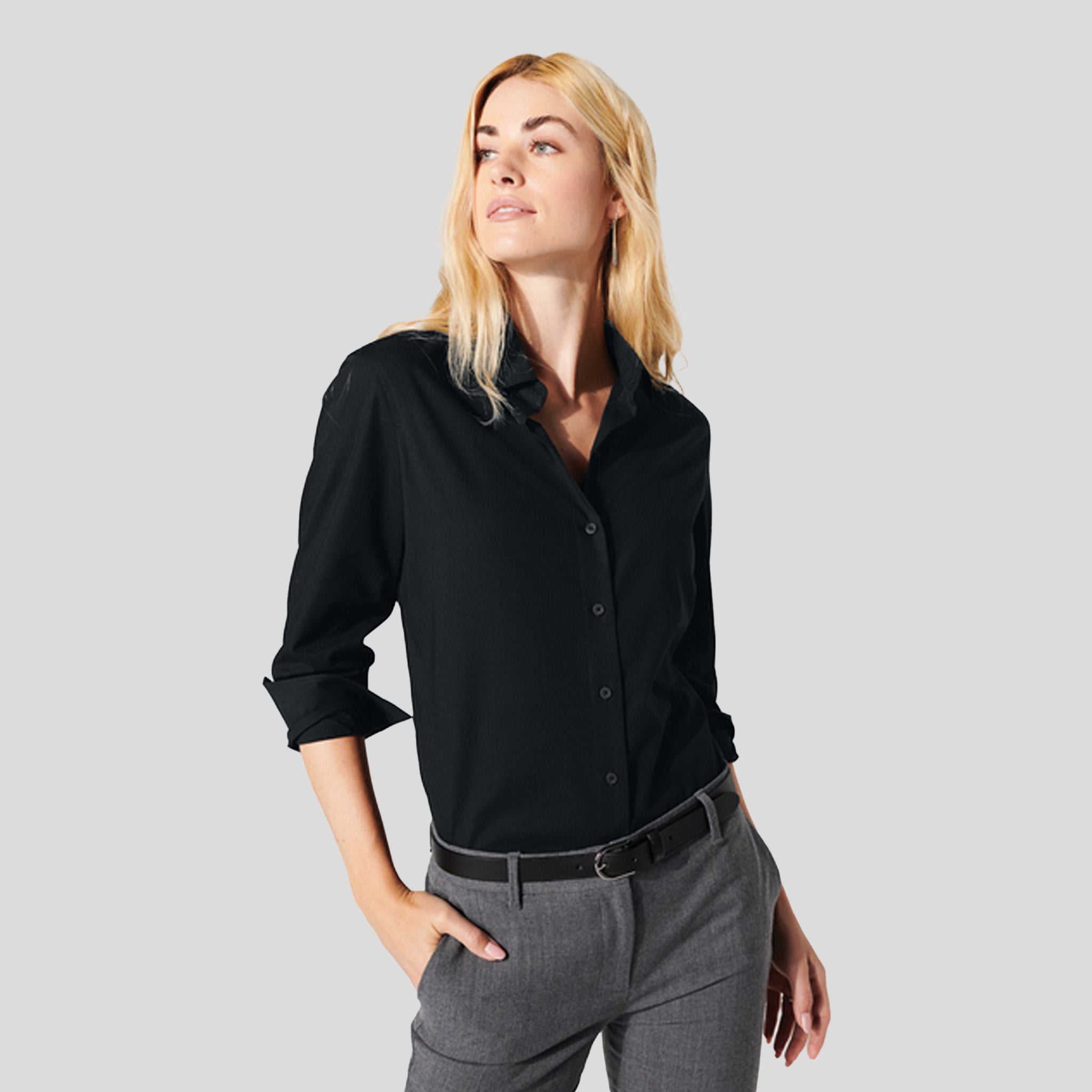 Womenβs Long Sleeve Stretch Woven Shirt | Deep Black