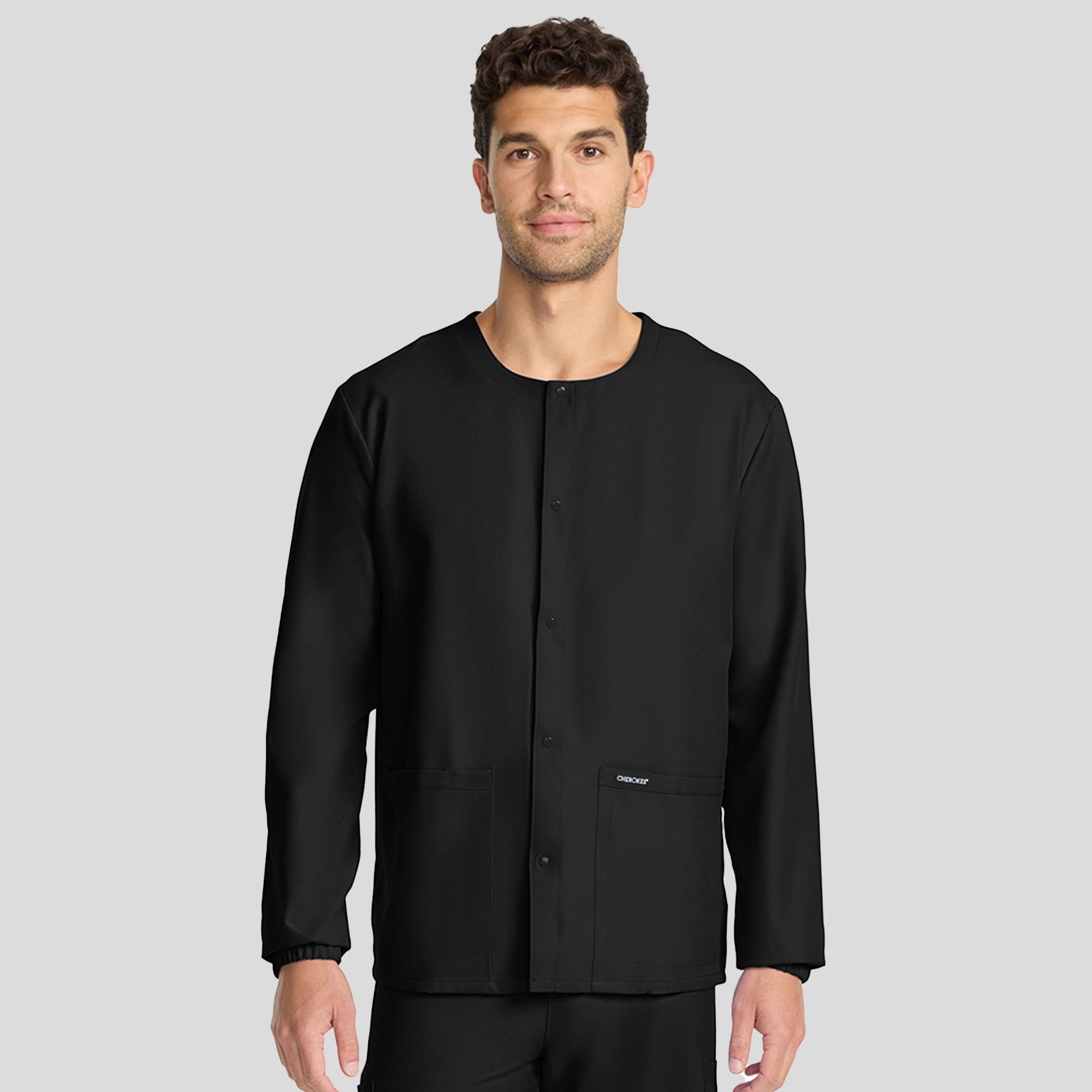 Unisex Snap-Front Crew Neck Scrub Jacket | Black