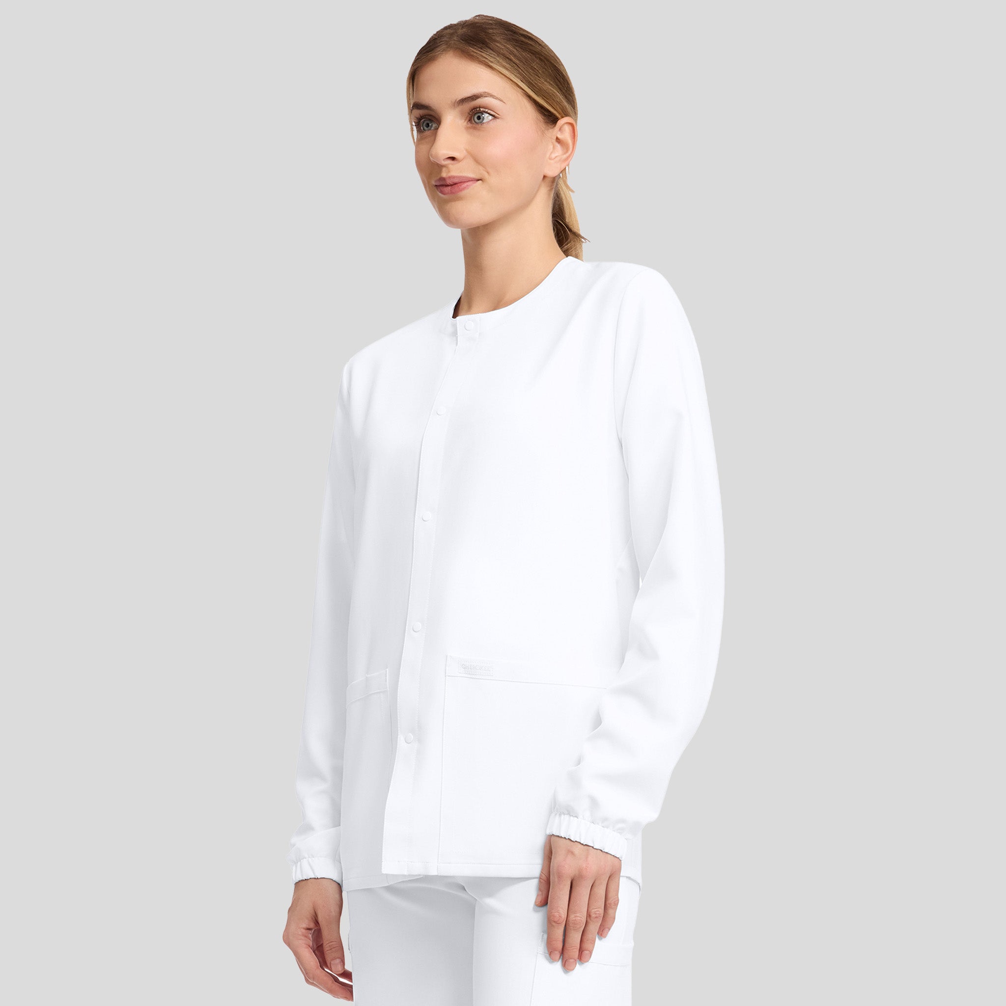 Unisex Snap-Front Crew Neck Scrub Jacket | White