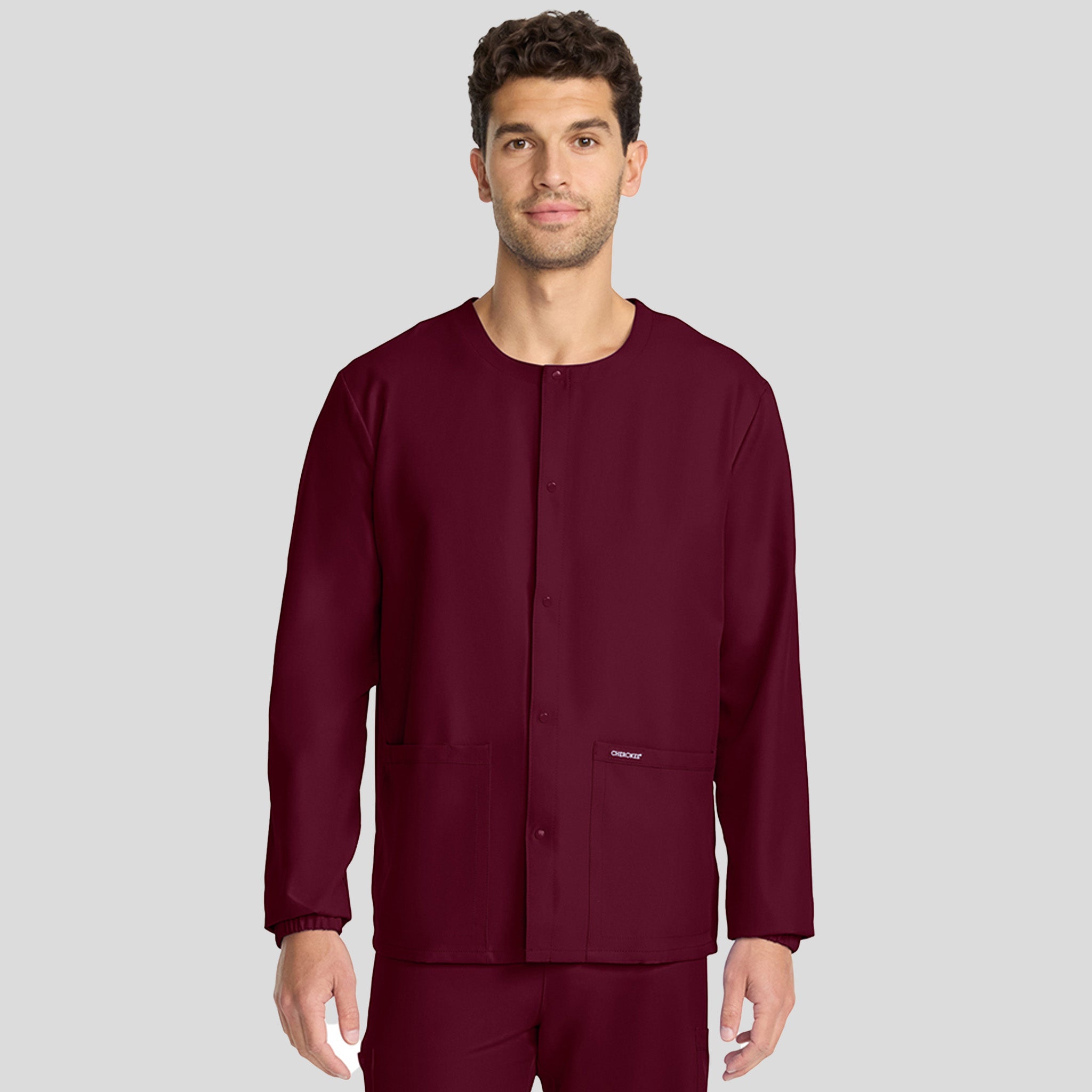 Unisex Snap-Front Crew Neck Scrub Jacket | Wine