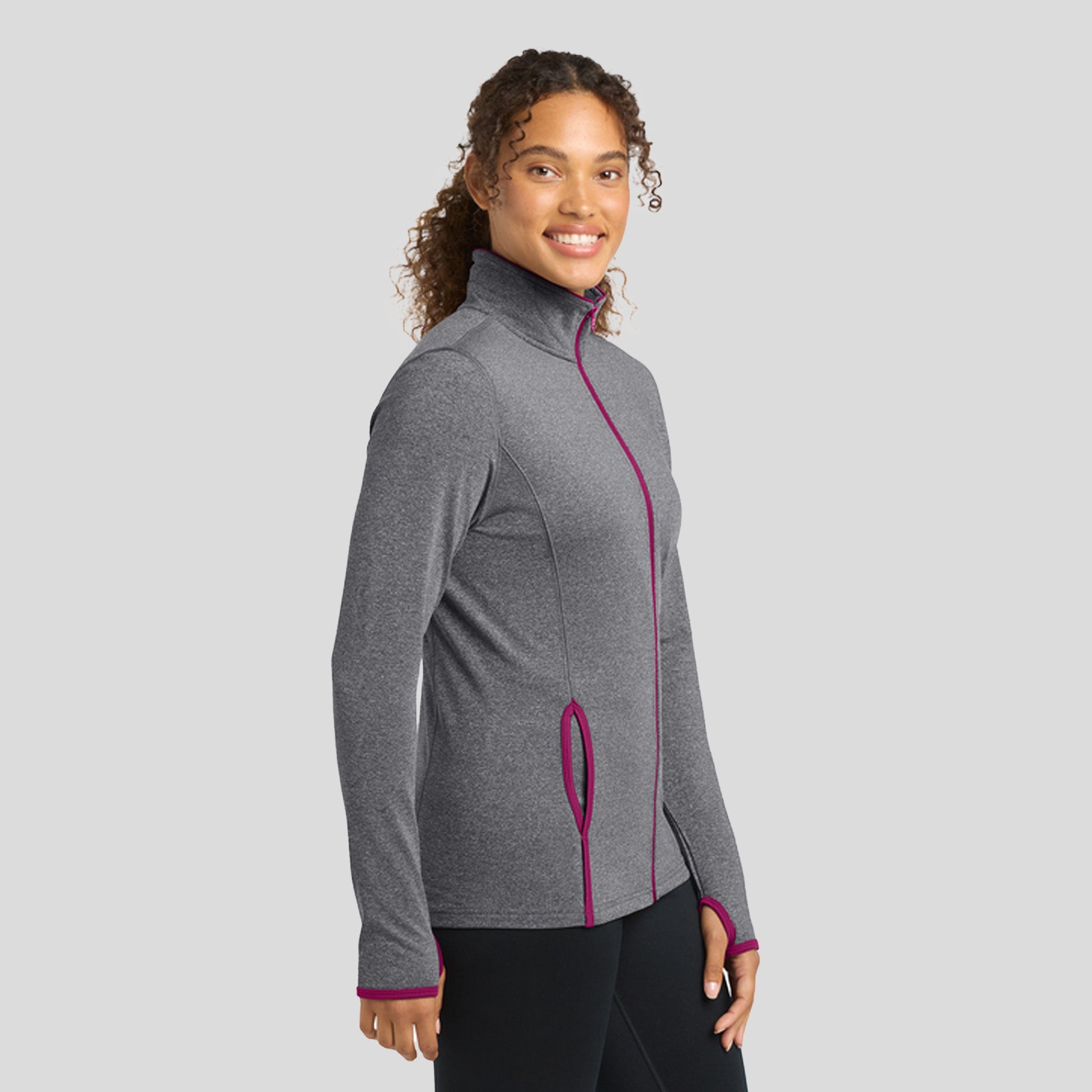 Women's Sport-Wick® Stretch Contrast Full-Zip Jacket | Charcoal Grey Heather/Pink Rush