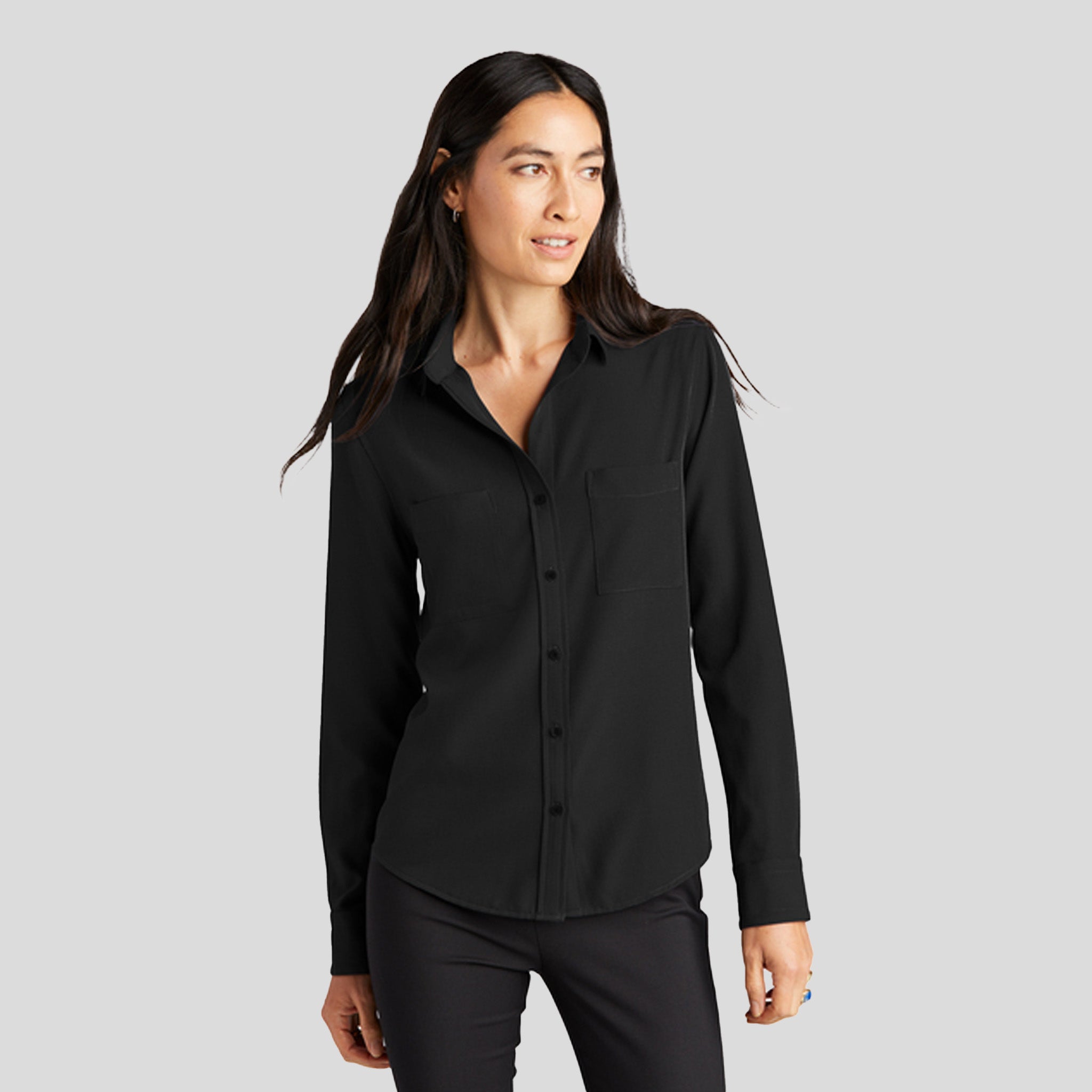 Women's Stretch Crepe Long Sleeve Camp Blouse | Deep Black